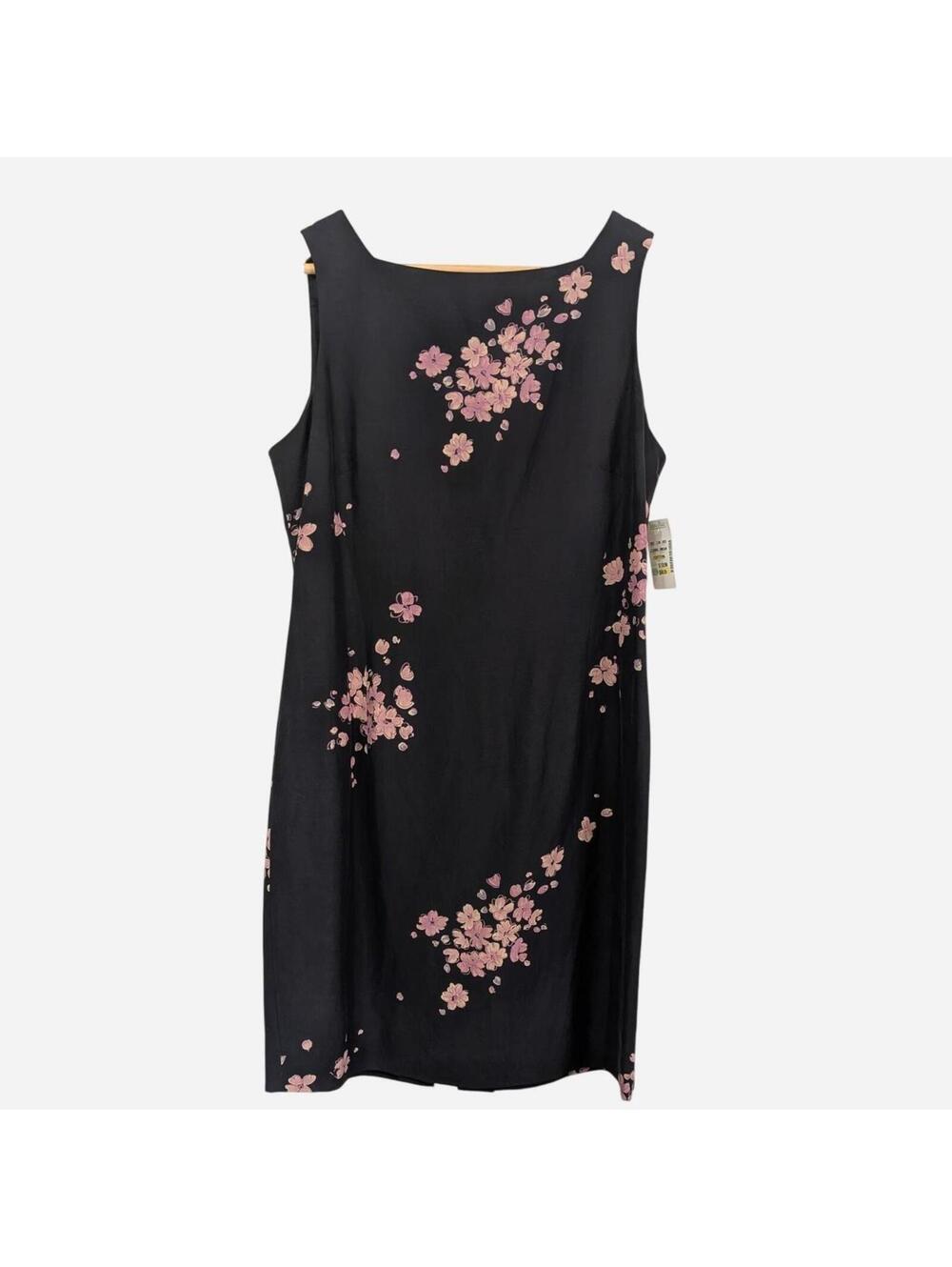 1990s Deadstock Dress Black Silk Linen Cherry Blossom Print NWT Size M/L